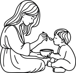 Fototapeta premium Mother feeding baby with spoon simple line art illustration of nurturing and care concept for childhood and family isolated on white isolated on white background