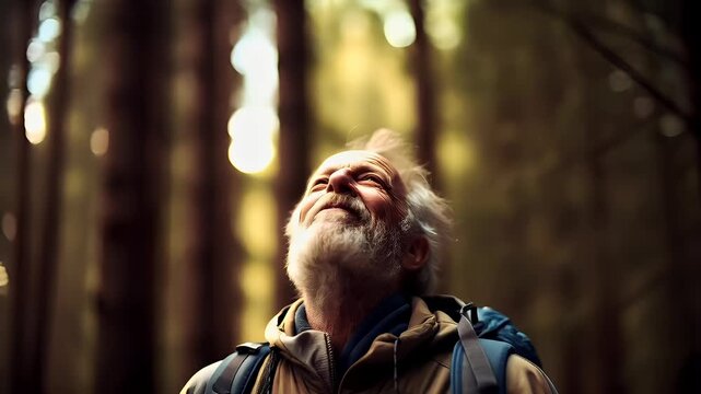 Explore adventure journey achievement outdoor in National Park. A man with a backpack, captured in a side profile, gazing upwards in a forest illuminated by soft, golden light.
