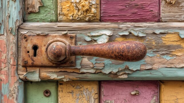 Old door handle with unique colorful wooden panels seen in a rustic setting close to a historical building
