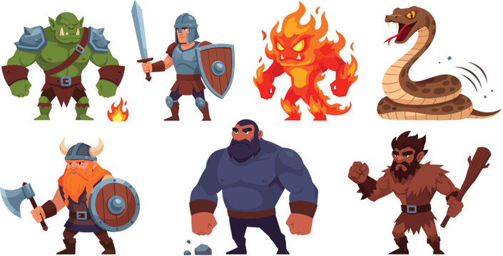 Fantasy RPG Character and Monster Set with Warrior, Orc, Viking, Fire Elemental, Serpent, Giant, and Beast Cartoon Vector Illustration Collection