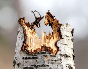 This macro image of a broken birch tree trunk captures splintered wood and textured white bark. Ideal for themes of resilience, natures force, or destruction in environmental projects.