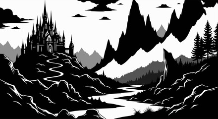 Enchanting dark castle perched atop a mystical mountain landscape with a winding river below © Beny Qurdy
