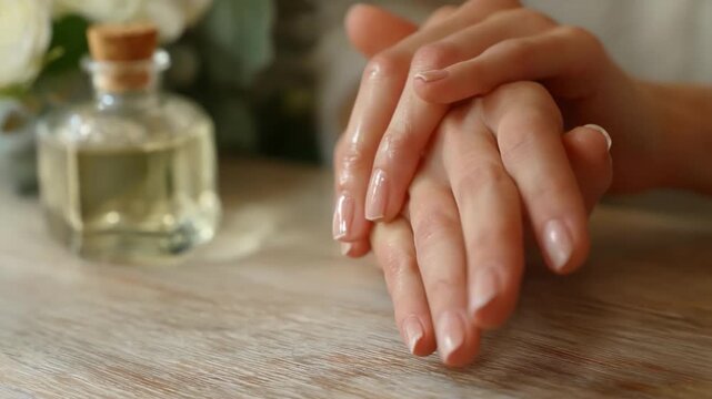 Closeup of hands performing a waterless ecomanicure using organic nail polish and natural nail care products.