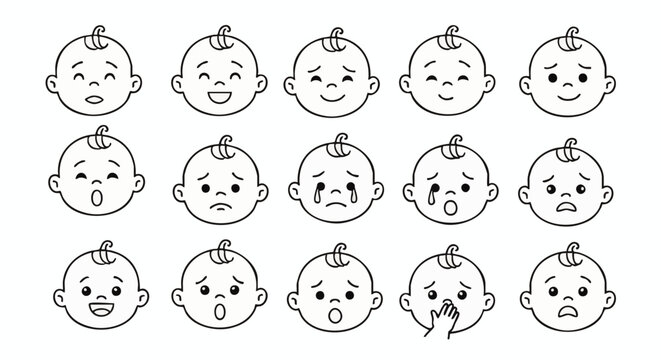 Twelve black and white baby face line expressions showing various emotions