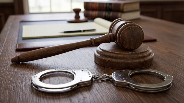 Justice gavel and handcuffs on a legal desk