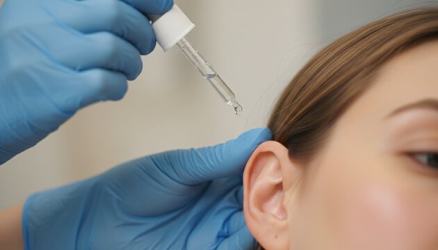 Drop of medicine falling from a pipette into a human ear. Healthcare and medical treatment for ear infection or hearing problem concept.