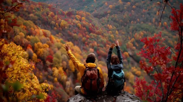 Explore adventure journey achievement outdoor in National Park. Two people, a man and a woman, sitting atop a rock with their arms outstretched, surrounded by a vibrant autumnal landscape.