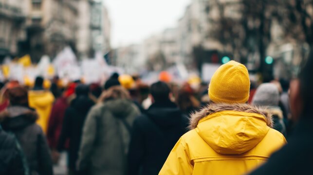 Person wearing yellow jacket in crowd during a city protest  
