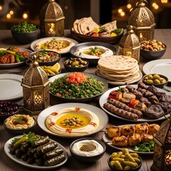 Obraz premium A lavish spread of traditional middle eastern and mediterranean dishes and sweets illustration