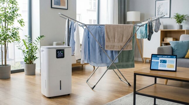 Dehumidifier controlling indoor humidity while drying laundry