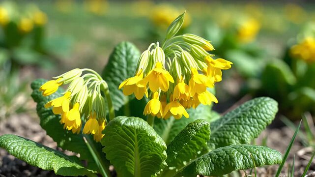 Beautiful yellow cowslip flowers blooming in a natural outdoor environment during springtime.