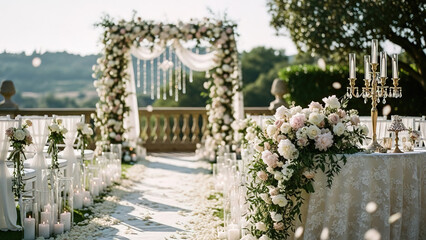 Beautifully decorated wedding arch with white flowers in a lush garden setting, soft natural lighting
