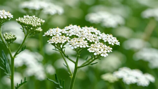 Beautiful white yarrow flowers blooming in a natural green field during summer.
