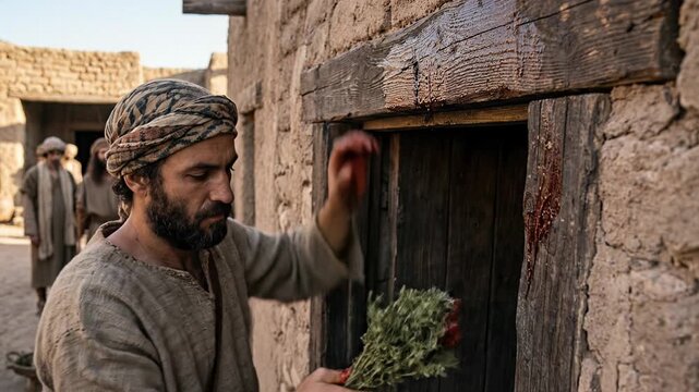 A bearded man in a turban marks the wooden door frame of a stone house with red blood using a bunch of hyssop herbs during the biblical Passover