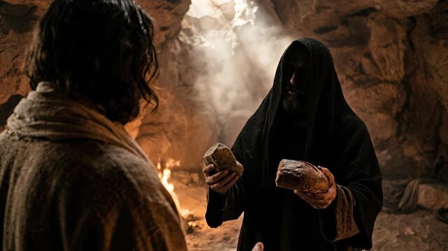 Satan wearing a black hood stands in a dark cave offering two stones to Jesus Christ while fire glows in the background during the biblical desert temptation