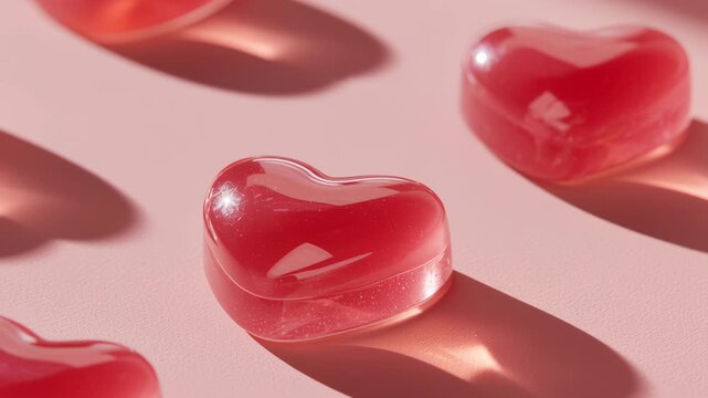 Red heart shaped supplement, soft shadows pink surface creating warm love and romantic atmosphere with sweet playful feelings, 4k video.
