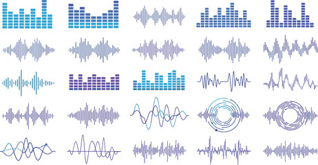Audio Sound Waveform and Equalizer Visualization Set with Music Beats, Signal Frequencies, Podcast Voice Waves, and Digital Audio Elements Vector Illustration © MstBobita