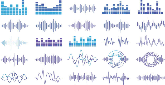 Audio Sound Waveform and Equalizer Visualization Set with Music Beats, Signal Frequencies, Podcast Voice Waves, and Digital Audio Elements Vector Illustration