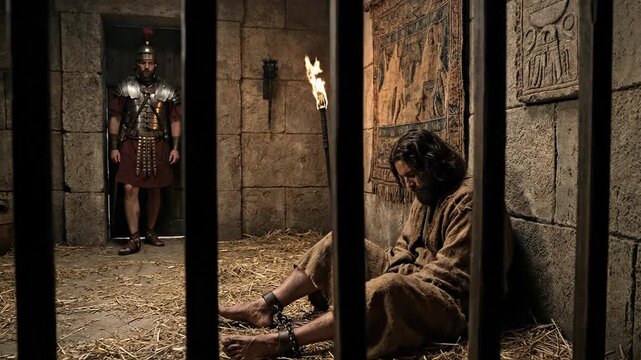 A conceptual representation of John the Baptist enduring imprisonment in a dark biblical dungeon while a Roman soldier stands guard behind iron bars symbolizing faith and persecution