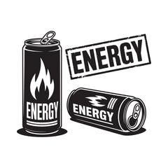 Energy drink cans and a battery illustration with a fiery design