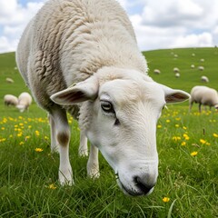 Fototapeta premium A serene sheep grazing in a vibrant meadow of wildflowers and grass illustration