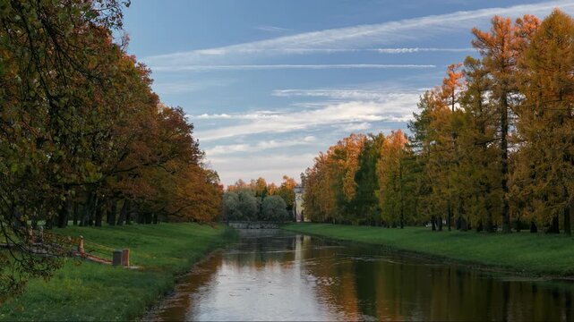 Autumn sunset timelapse in Catherine Park, Pushkin