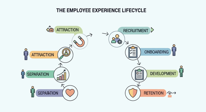 Illustration of the employee experience lifecycle with key stages and icons.