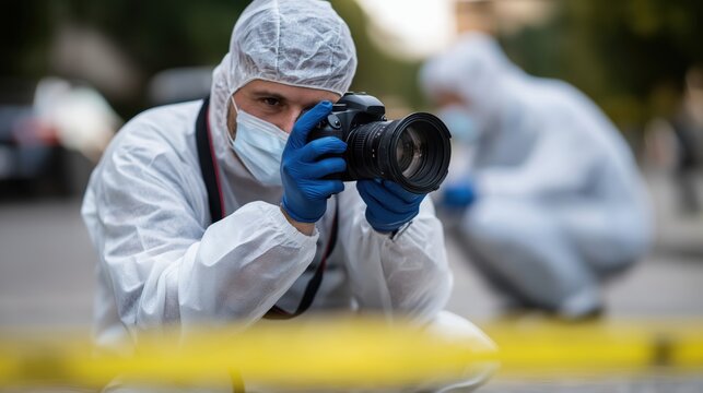 Crime scene investigator capturing evidence with camera in protective gear  