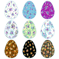 Fototapeta premium Set Happy Easter egg with a delicate floral pattern and leopard skin. Flowers and stars, lavender and pink colors