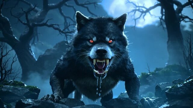 Fierce black wolf attacking in dark eerie forest under full moon