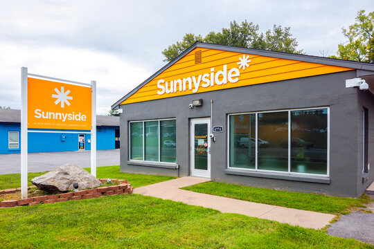 New Hartford, NY - Aug 30, 2024: Sunnyside is a national dispensary brand operated by Cresco Labs, offering regulated medical cannabis products in a modern retail environment
