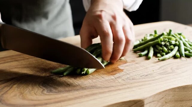 Hands trimming fresh green beans smooth knife motion