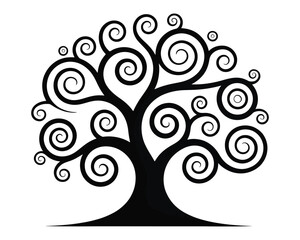 Black ornate tree silhouette, stylized with elegant swirling branches and leaves, symbolic representation of nature, growth, and life, simple vector graphic