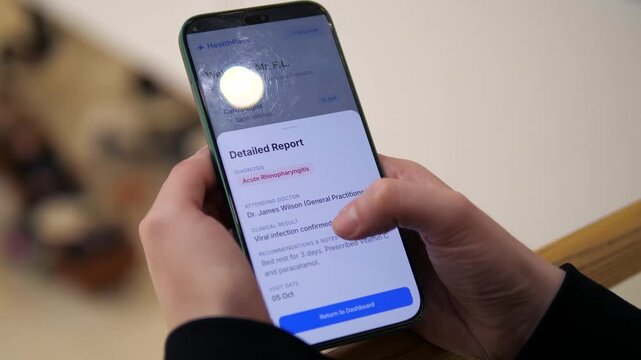 Digital health concept: person scrolling through medical records on a smartphone and opening a GP report for Acute Rhinopharyngitis. High-quality healthtech footage showing online diagnosis and