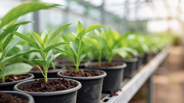 rows of young green plants growing in small pots inside a greenhouse, representing plant cultivation, sustainable agriculture, and controlled growth environment