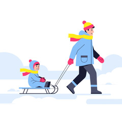 Obraz premium Father pulling child on sled in winter snow with colorful attire 