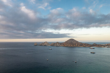 Aerial view of the Arch of Cabo San Lucas, the tip of Baja California Sur, Mexico.