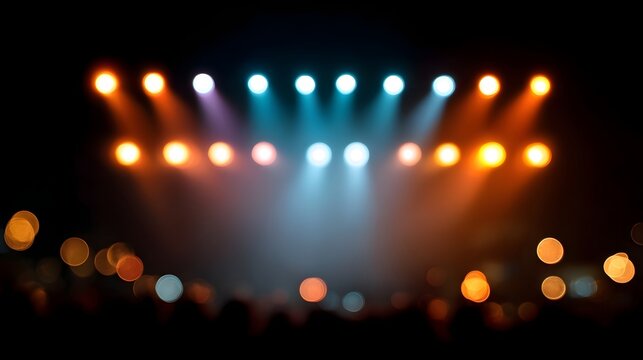 Blurred stage lights in orange and blue illuminate a dark concert venue with an audience silhouette