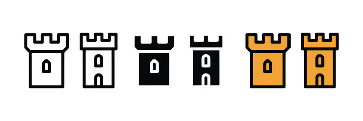 Medieval castle tower and chess rook defense icon vector. Ancient fortress architecture and historical stronghold symbol set. Vector illustration © Jakiya Graphics