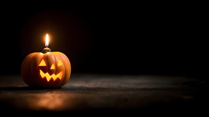Spooky Jack O Lantern Glowing with Candle Light on Dark Background.