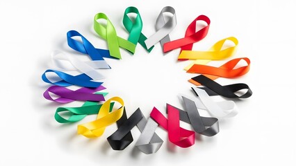A circle of colorful awareness ribbons arranged on a white background.