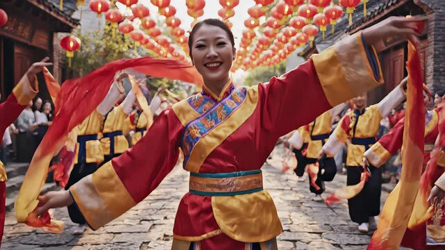 Joyful asian performers in traditional red costumes dancing with silk ribbons on a decorated cobblestone street during a vibrant lunar new year festival parade carnival in a historic chinese village