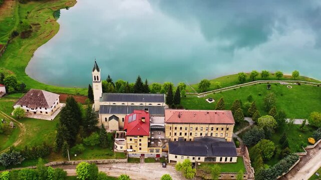 Aerial view of church near Ramsko Lake