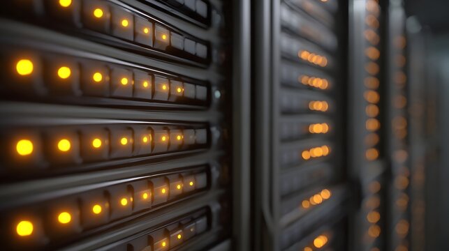 Server rack lights glowing with activity in a data center