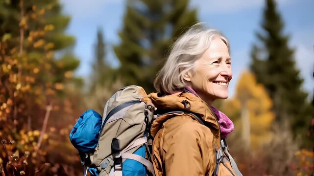 Explore adventure journey achievement outdoor in National Park. A woman with a backpack standing in a forest, wearing a jacket and smiling. The background is slightly blurred.