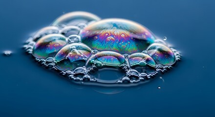 Close-up of iridescent soap bubbles with swirling rainbow colors on a dark blue water surface.