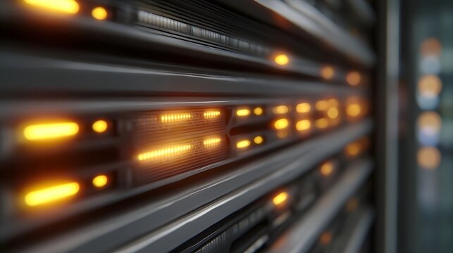 Glowing orange indicator lights on a server rack symbolizing data processing and network connectivity