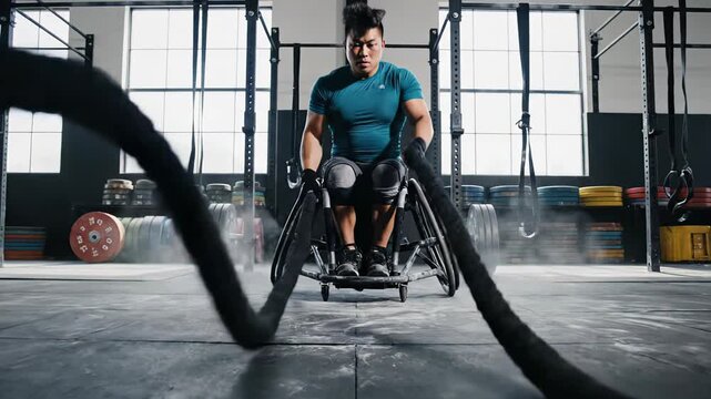 Athlete in wheelchair performing intense battle rope workout, showcasing strength and determination in a dynamic gym environment with visible equipment