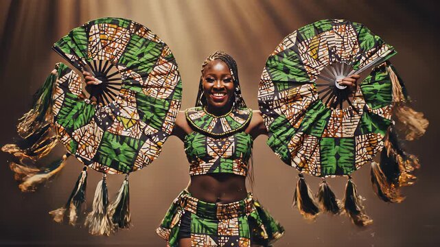 Smiling afro american woman in vibrant traditional African costume performing dance with two large patterned fans under dramatic stage lighting. Concept of cultural celebration and heritage. carnival