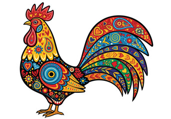 Decorative rooster illustration with colorful folk art patterns © Sadew